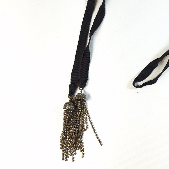 J. Crew Black Ribbon Silver Tone Rhinestone Tasels Tie Necklace - Picture 4 of 6